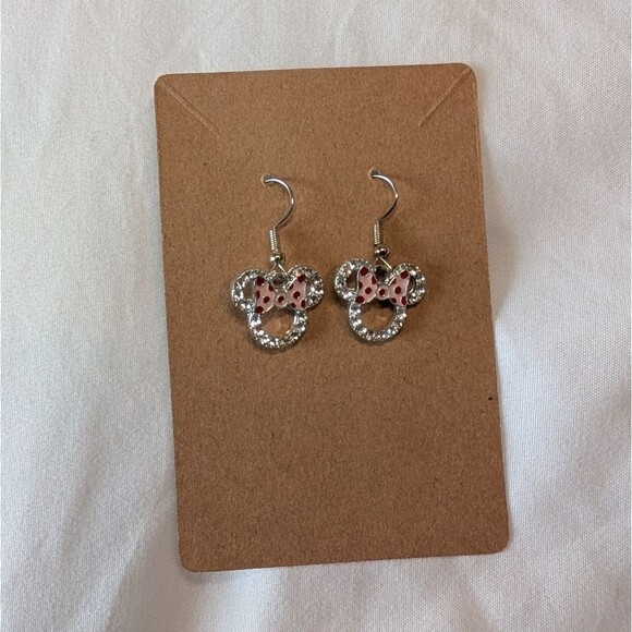 Rhinestone Pink Red Bows Minnie Mouse Dangle Earrings - Picture 1 of 4